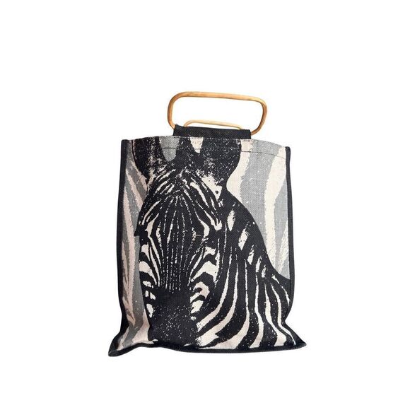 Retro Exotic Zebra Black, Gray & White Wooden Handles Women’s Tote Shoulder Bag - Picture 6 of 9